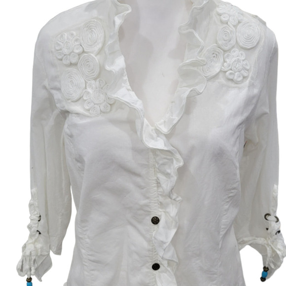 Dismero Italian Ruffle Blouse and Distressed Vest With Turquoise Accents SMALL - Picture 14 of 16